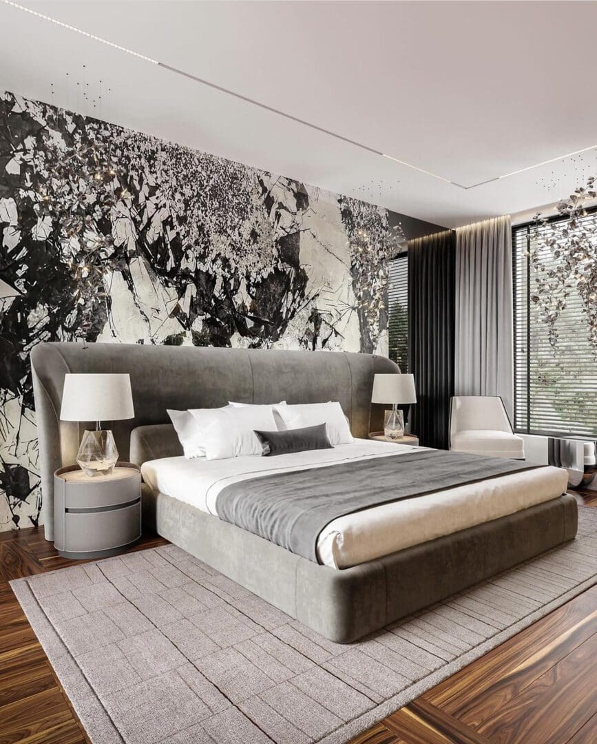 Modern bedroom with a large artistic wall mural and minimalist decor.