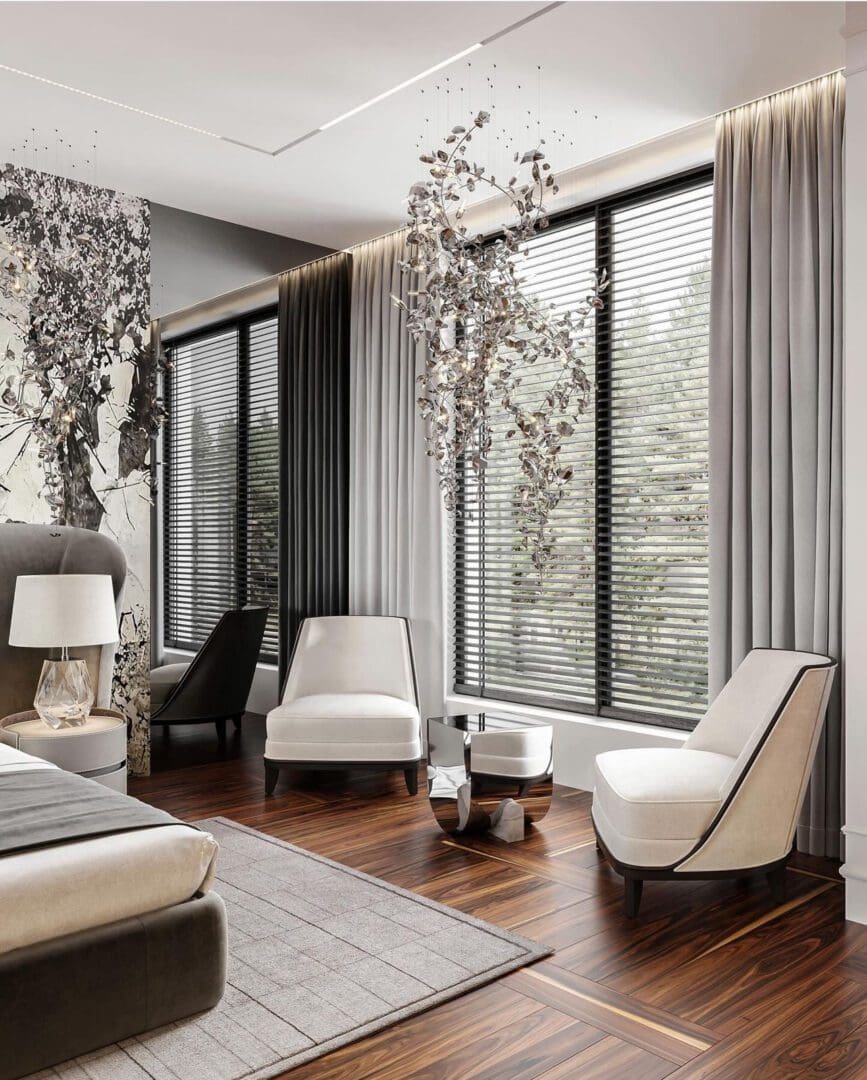 Modern living room with large windows and stylish seating.