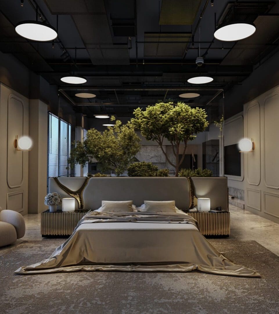 Elegant bedroom with a central bed and ambient lighting.