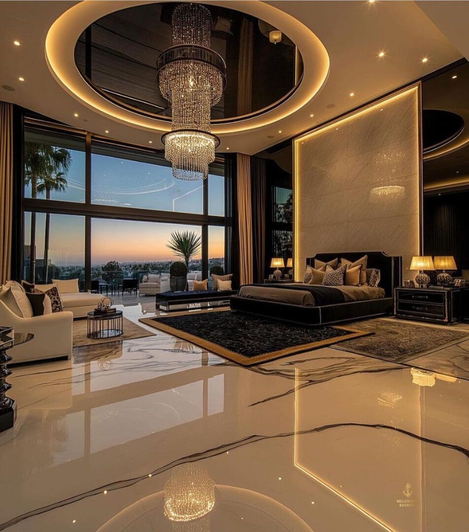 Luxurious living room with elegant lighting and panoramic sunset views.