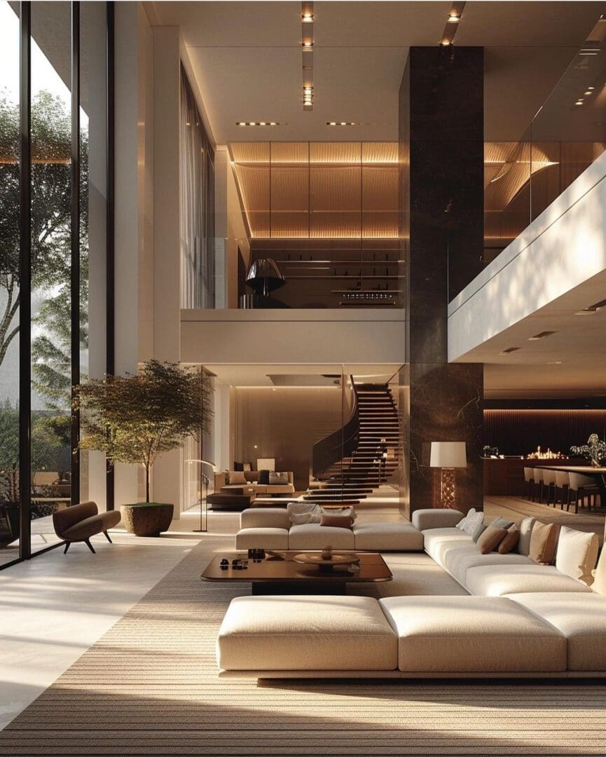 Luxurious modern living room with floor-to-ceiling windows and elegant decor.