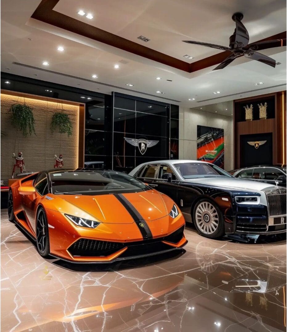 A luxury orange sports car and a black luxury sedan parked indoors.