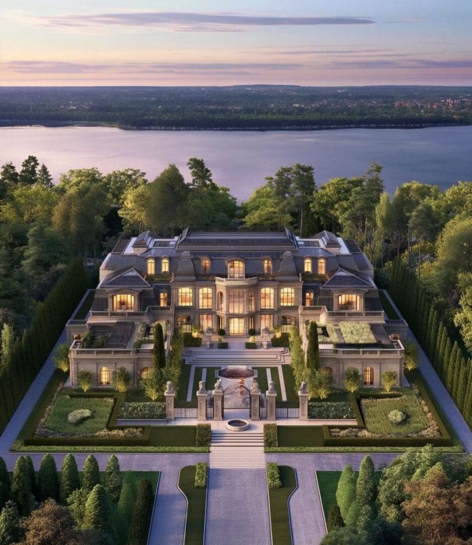 Luxurious mansion with elegant landscaping by a river at sunset.